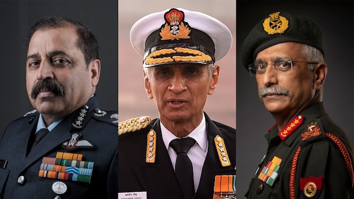 Former Chief of Air Staff R.K.S. Bhadauria (left), Admiral Karambir Singh (centre), General M.M. Naravane (right); (Photos: Yasir Iqbal | ANI | Bandeep Singh)
